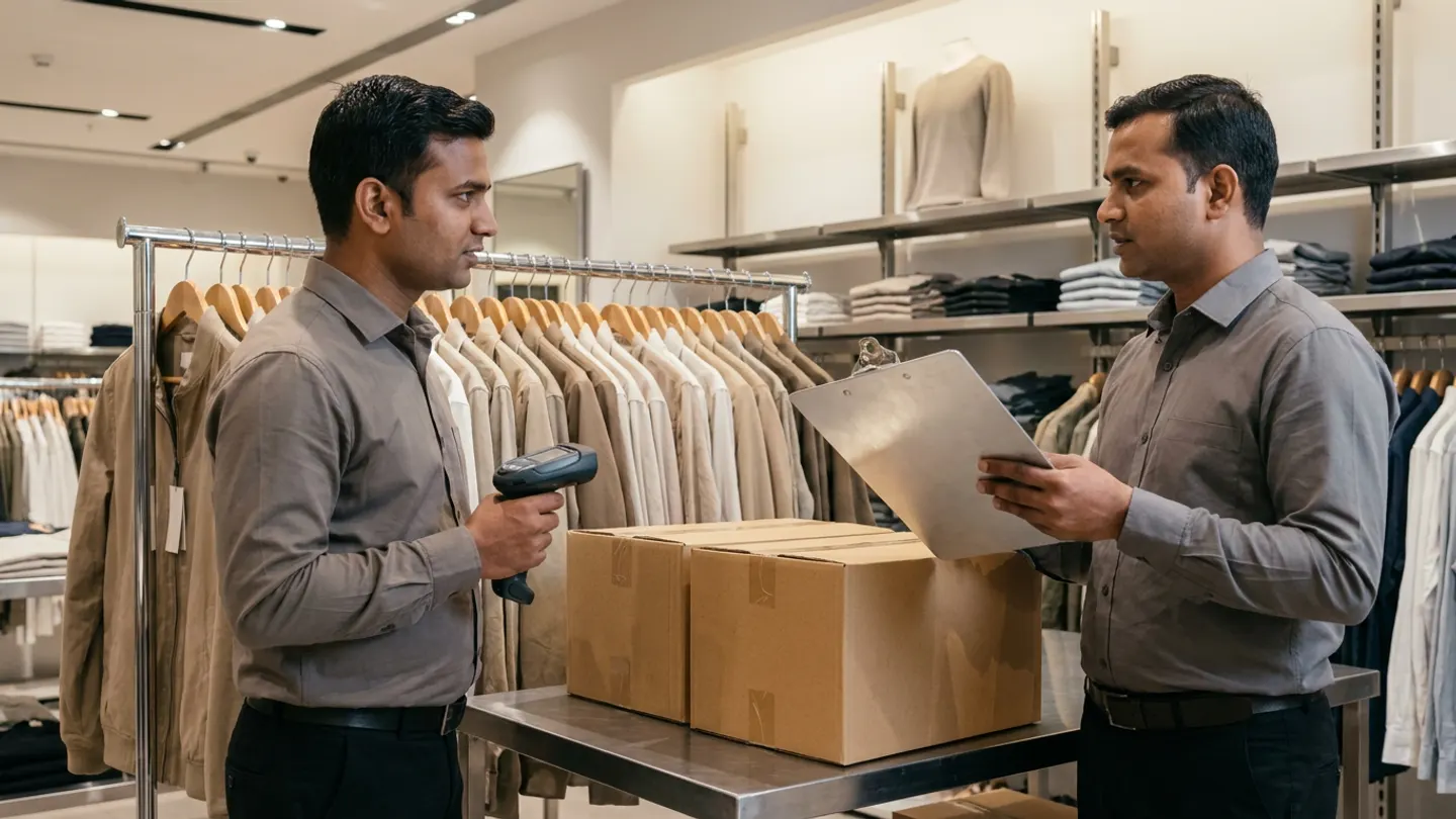Two Indian retail merchandising and stock allocation coordinators in grey collared shirts conversing in a store stockroom beside a chrome rolling garment rack hung with neutral-tone jackets and a stainless-steel bench holding two sealed kraft transfer cartons, holding a handheld barcode scanner and a brushed-aluminium clipboard.