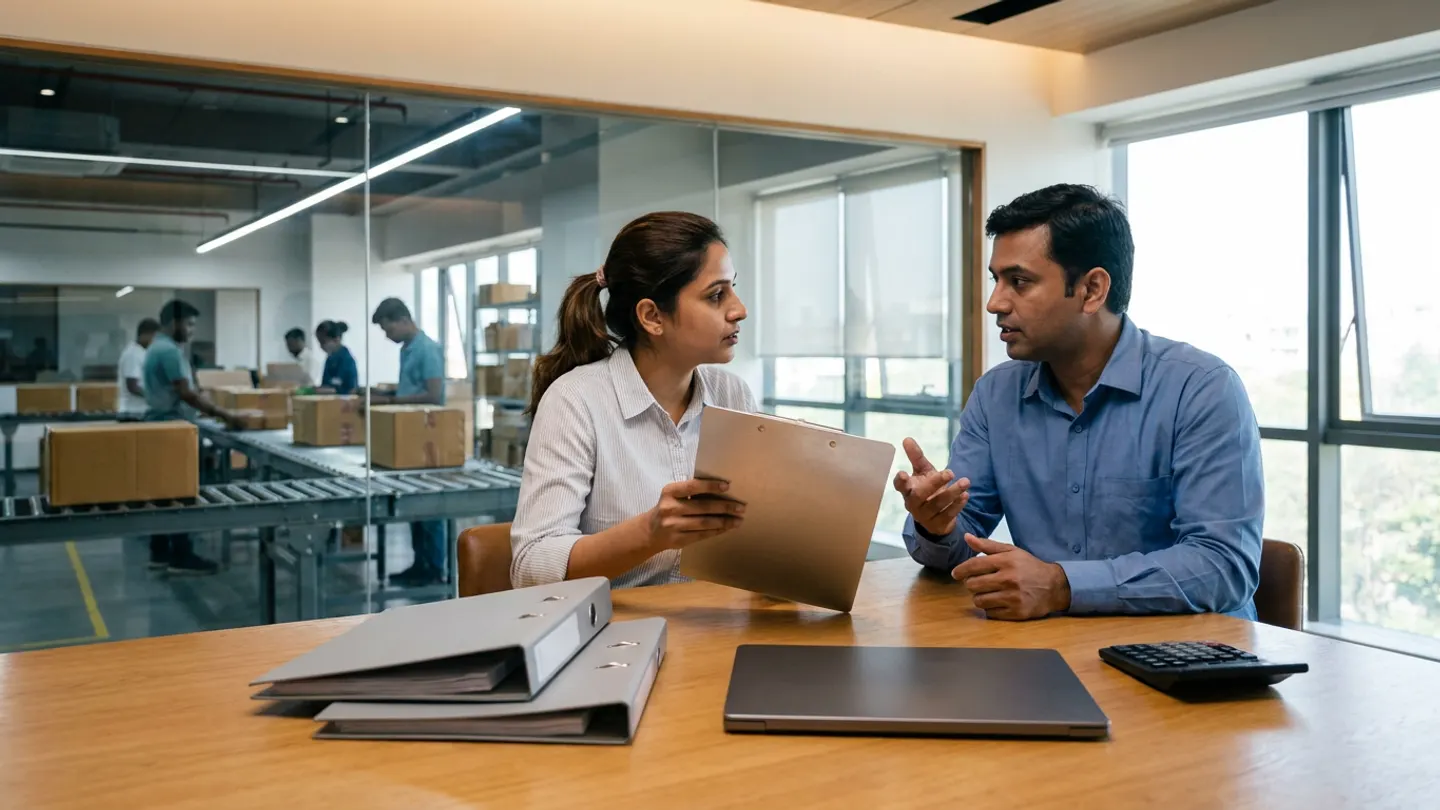 Two Indian retail finance and marketplace operations specialists in collared shirts conversing across an oak worktable with two closed grey ring binders, a closed dark-grey laptop, a black desktop calculator, and a brushed-aluminium clipboard in front of a glass window overlooking an order-packing conveyor.