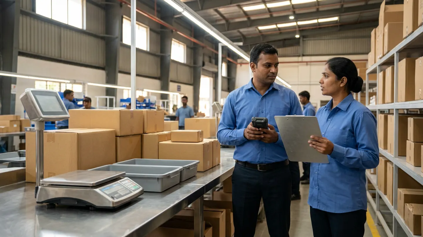 Two Indian retail catalogue and inventory coordinators in blue work shirts conversing at a stainless-steel product verification bench with single-unit and multi-pack kraft cartons, two grey sorting trays, and a stainless bench scale, holding a rugged barcode terminal and a brushed-aluminium clipboard.