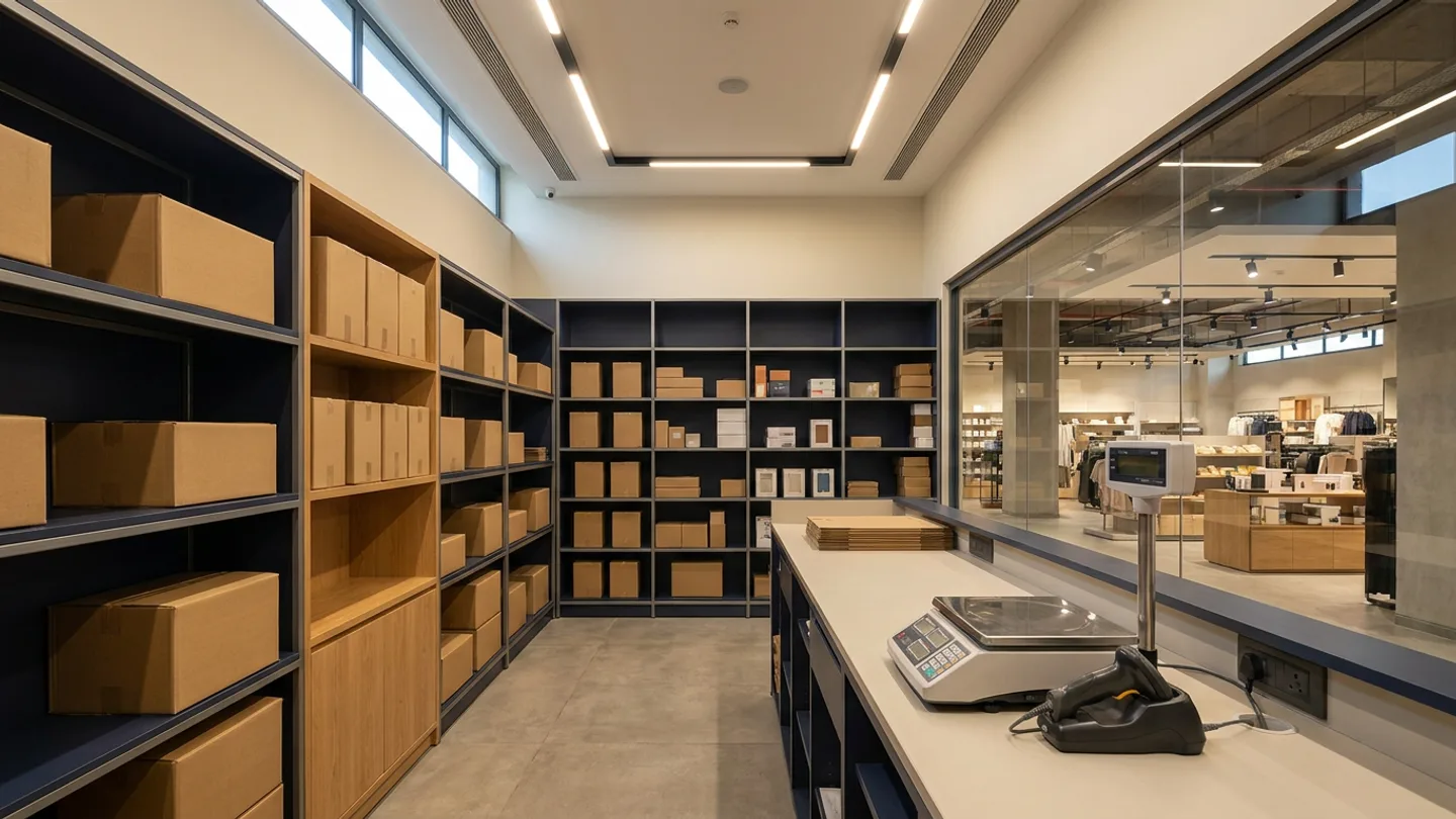 Contemporary retail store fulfilment backroom with parcel staging shelves, weighing scale, barcode scanner and glass view to the store floor