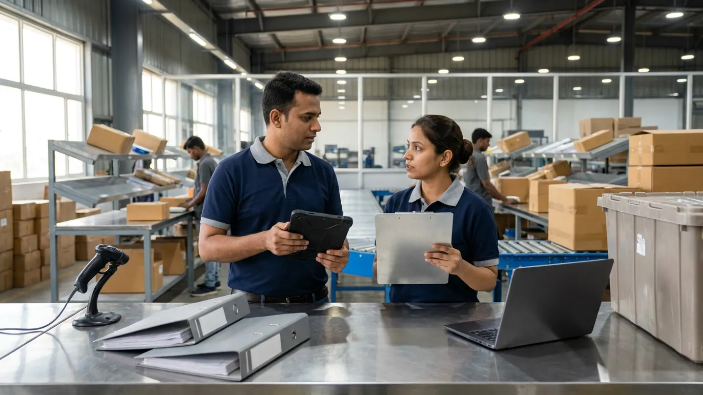 Two Indian omnichannel order management coordinators in navy polo shirts conversing at a stainless-steel order routing desk with two closed grey ring binders, a corded barcode scanner, a dark-grey laptop, and a grey storage tote, holding a rugged digital tablet and a brushed-aluminium clipboard in front of multi-lane packing conveyors.