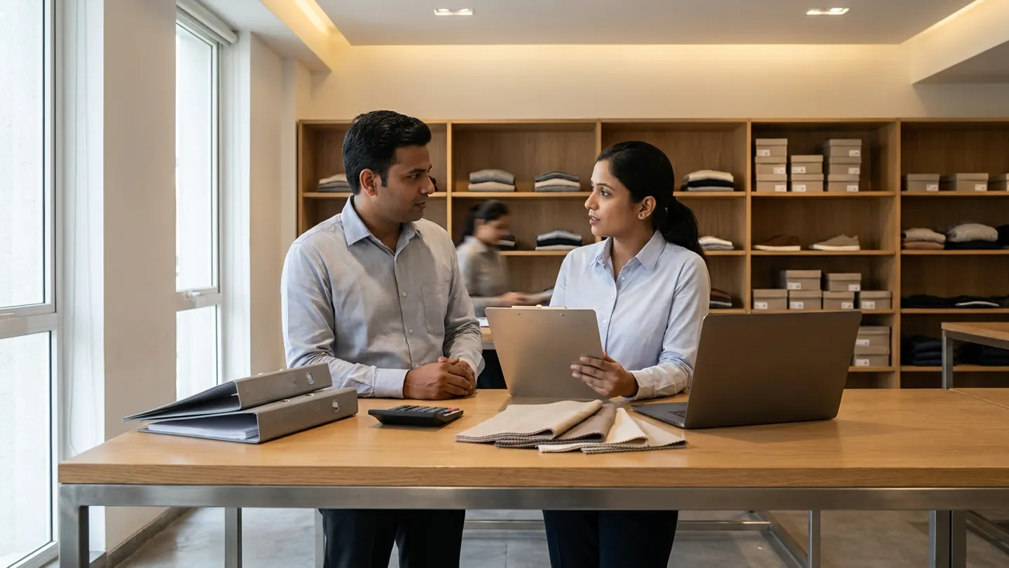 Two Indian retail merchandise planners in collared shirts conversing at an oak-and-steel buying table with two closed grey ring binders, a black desktop calculator, folded neutral textile swatches, a dark-grey laptop, and a brushed-aluminium clipboard in front of wooden showroom shelves.