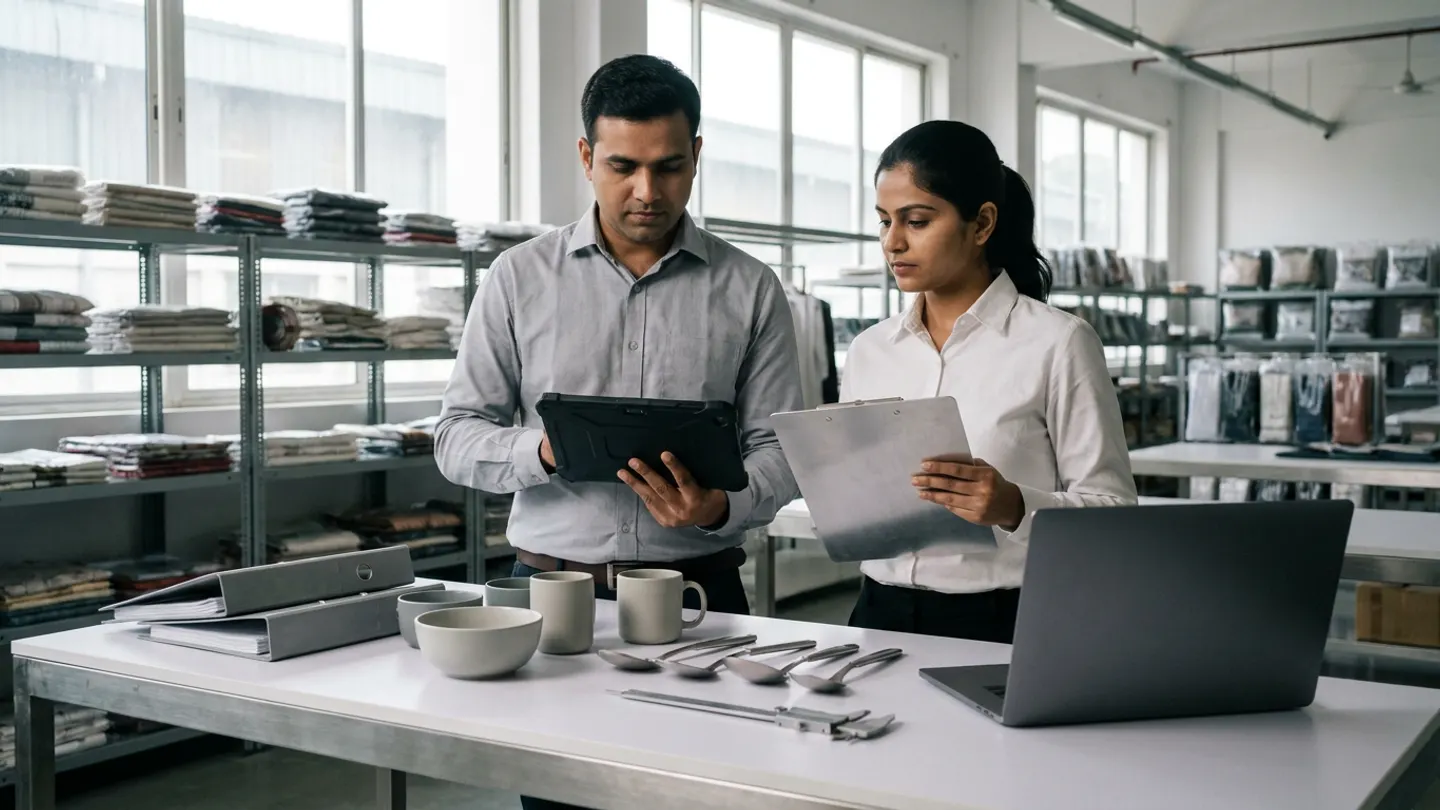 Two Indian retail catalogue and product information specialists in collared shirts standing at a white-and-steel studio verification table with ceramic and stainless homeware samples, a vernier caliper, two closed grey ring binders, and a dark-grey laptop, holding a rugged digital tablet and a brushed-aluminium clipboard.