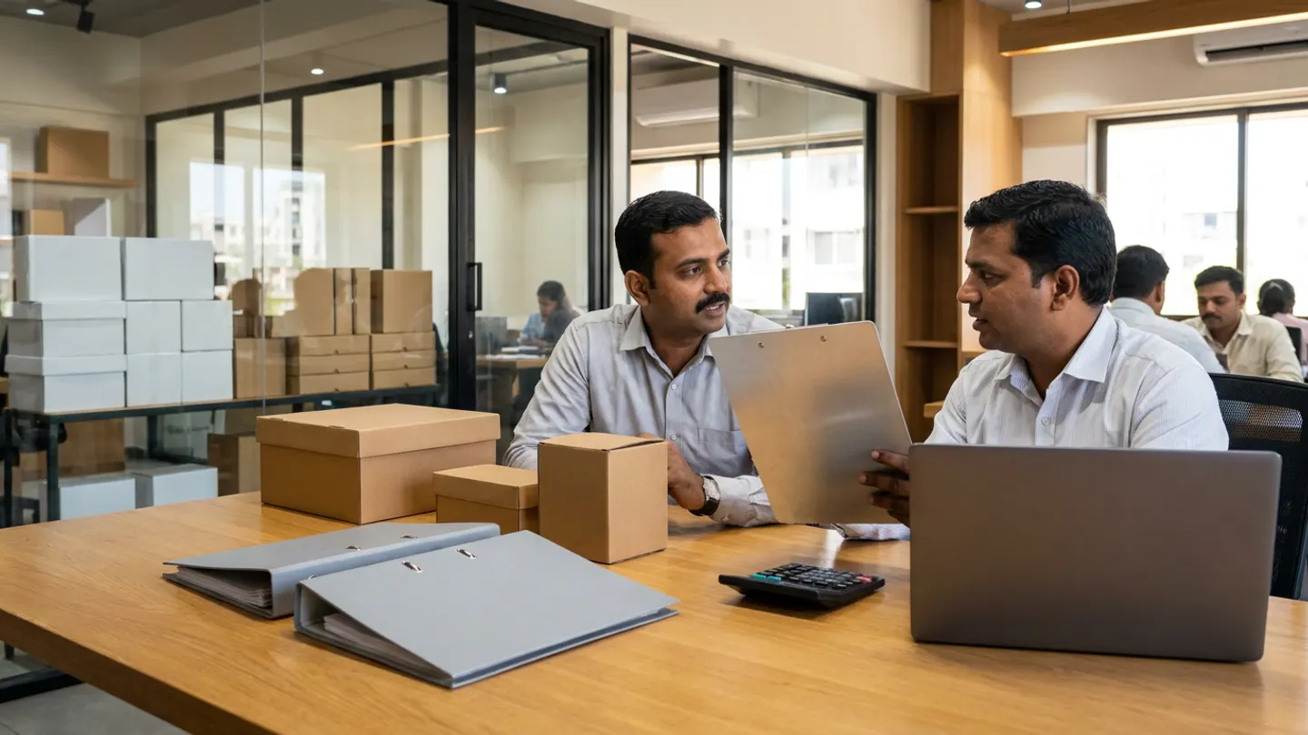 Two Indian retail demand planners in collared shirts conversing across an oak planning table with three graduated kraft sample cartons, two closed grey ring binders, a black desktop calculator, a dark-grey laptop, and a brushed-aluminium clipboard in front of a glass-walled promotional display mock-up bay.