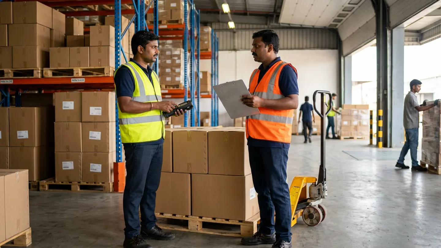 Two Indian retail receiving coordinators in yellow and orange reflective vests over navy shirts conversing beside a wooden pallet partially stacked with brown master cartons and a yellow manual hydraulic pallet jack in a distribution centre receiving bay, holding a rugged barcode terminal and a brushed-aluminium clipboard.