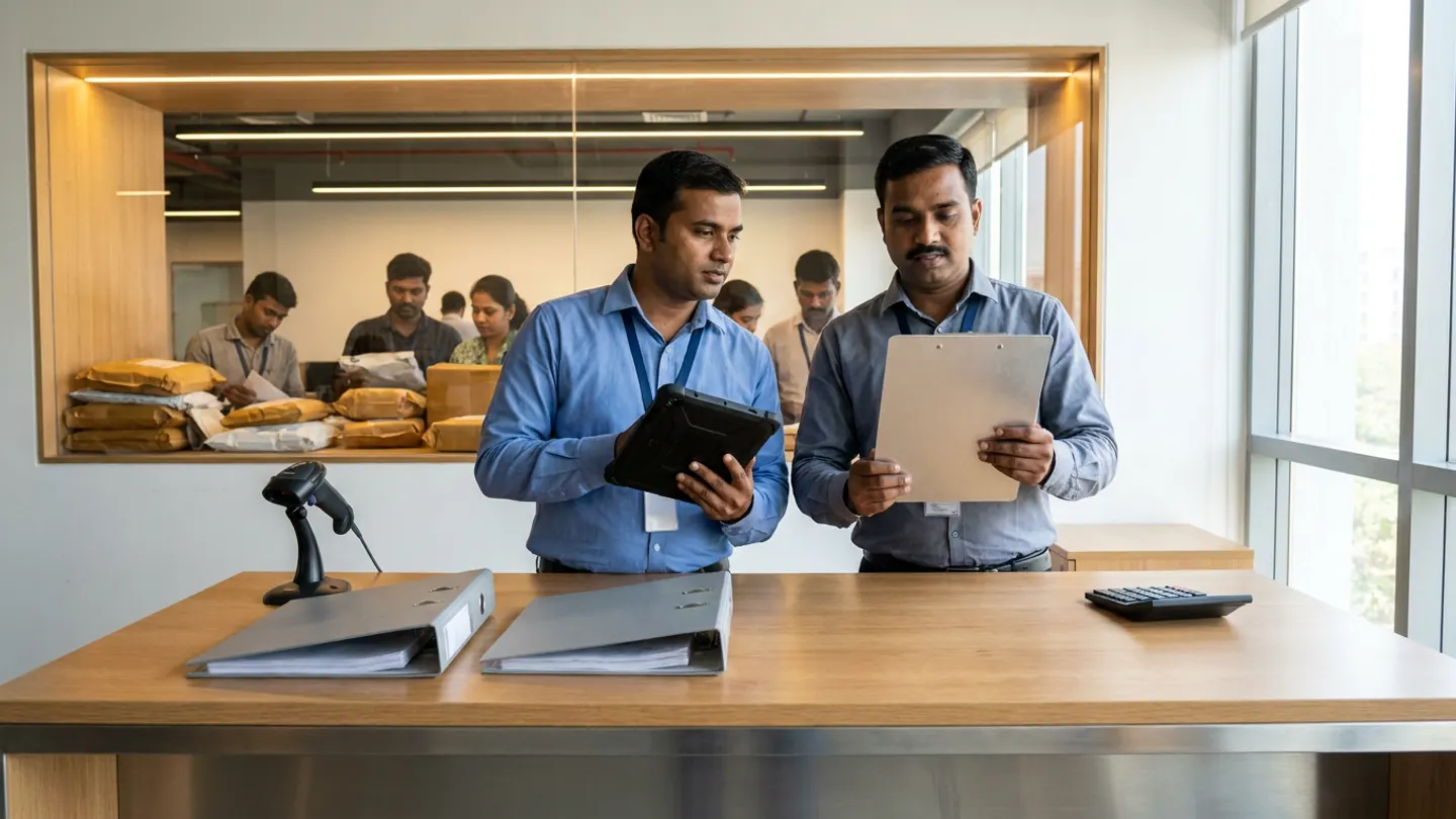Two Indian retail customer operations and finance coordinators in blue and grey collared shirts standing at an oak-and-steel reconciliation desk with two closed grey ring binders, a corded barcode scanner, and a black desktop calculator, holding a rugged digital tablet and a brushed-aluminium clipboard in front of a returns inspection window.
