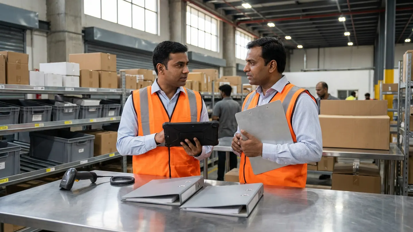 Two Indian retail replenishment planners in collared shirts and orange reflective vests conversing at a stainless-steel staging desk with a corded barcode scanner and two closed grey ring binders, holding a rugged digital tablet and a brushed-aluminium clipboard in front of gravity-flow carton shelving and grey picking bins.