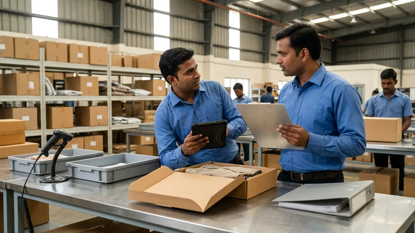 Two Indian retail reverse-logistics coordinators in blue work shirts conversing at a stainless-steel returns inspection workbench with an opened kraft return carton holding a folded garment, two grey sorting trays, a corded barcode scanner, and a closed grey ring binder, holding a rugged digital tablet and a brushed-aluminium clipboard.