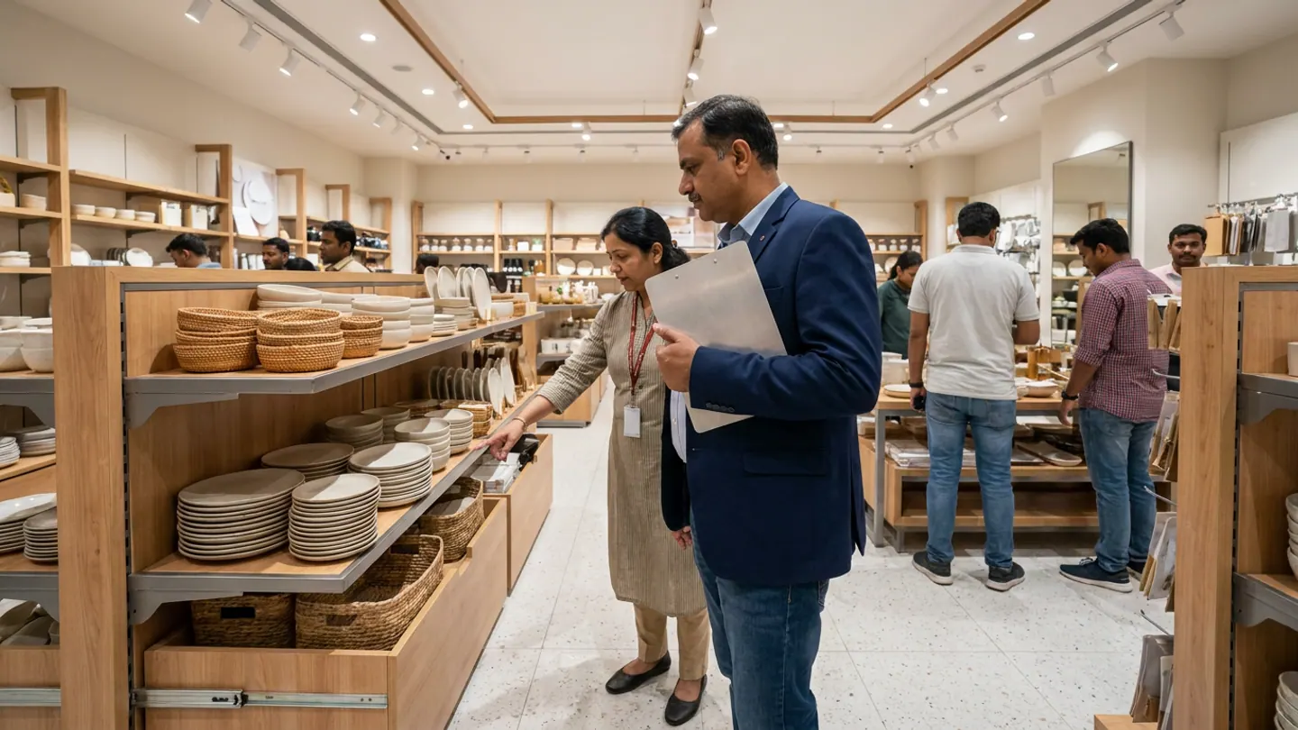 Indian regional retail operations auditor holding an aluminium clipboard and store manager inspecting a modular display fixture and lower stock drawer in a lifestyle store aisle.