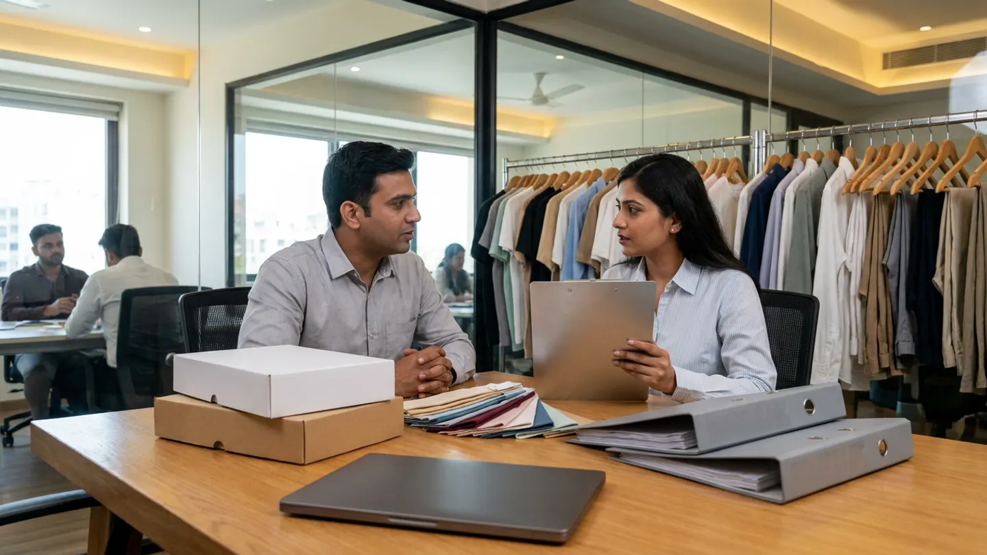 Two Indian retail procurement and merchandising managers in collared shirts conversing across an oak meeting table with white and kraft sample packaging boxes, fabric colour swatches, two closed grey ring binders, a closed dark-grey laptop, and a brushed-aluminium clipboard in front of sample garment racks.