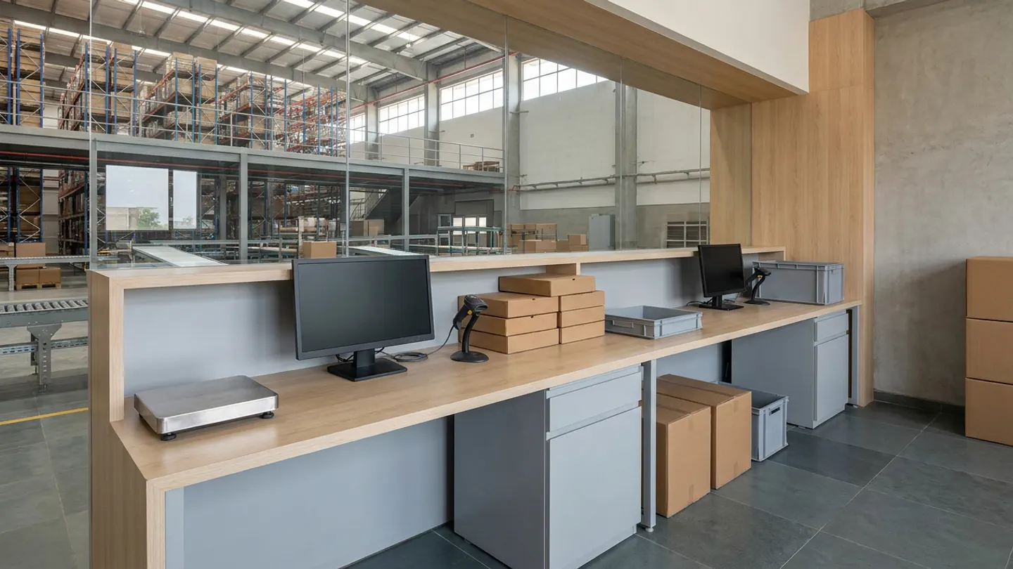 Light-ash and grey warehouse inspection counter with two dark monitors, docked handheld barcode scanners, a stainless parcel scale, unbranded kraft boxes and grey storage totes overlooking a high-bay pallet racking mezzanine.